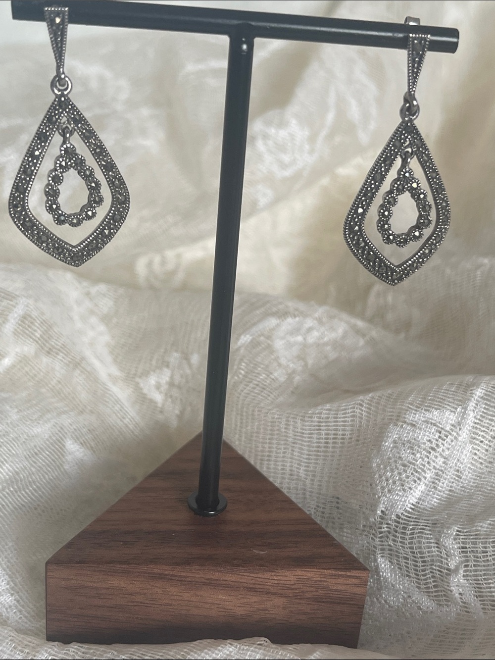 Sterling Silver Marcasite Teardrop Dangle Earrings - Silver Tone